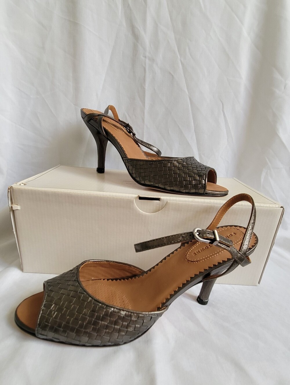NIB Forth & Towne Metallic Black Gray Leather Woven Strappy Peep-Toe Heels 7.5